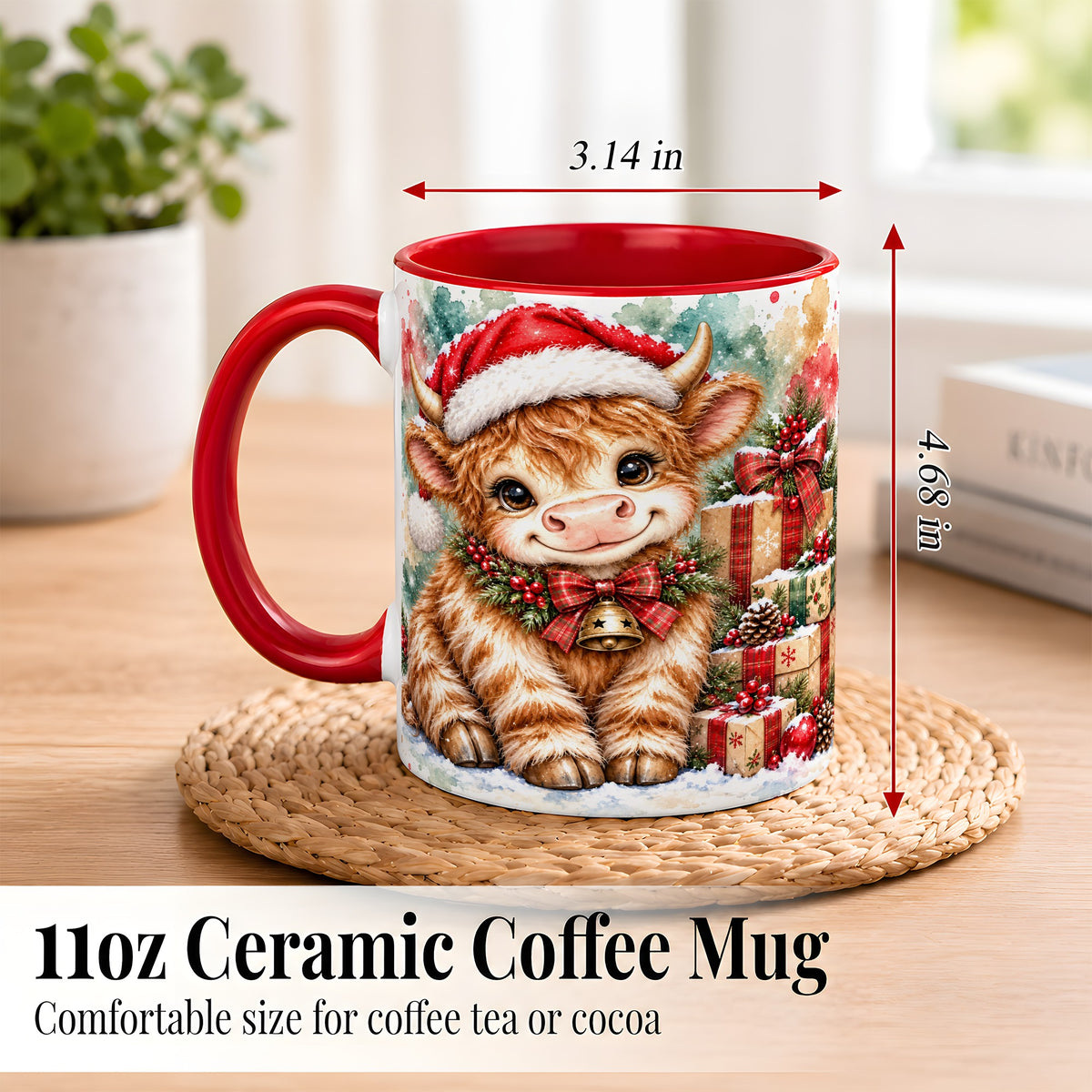 #pl[11oz|Red] Christmas Highland Cow Coffee Mug, Festive Cow Mug, Ceramic Cup