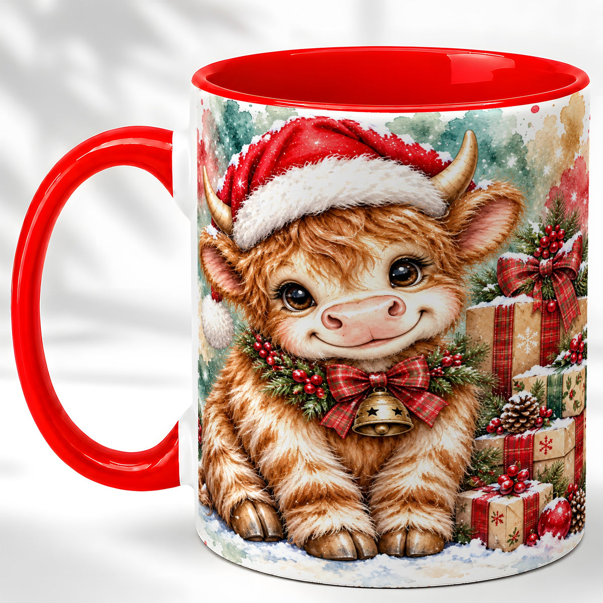 #pl[11oz|Red] Christmas Highland Cow Coffee Mug, Festive Cow Mug, Ceramic Cup