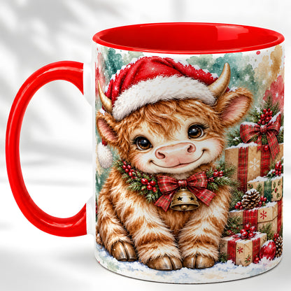 #pl[11oz|Red] Christmas Highland Cow Coffee Mug, Festive Cow Mug, Ceramic Cup