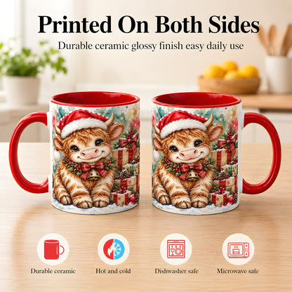 #pl[11oz|Red] Christmas Highland Cow Coffee Mug, Festive Cow Mug, Ceramic Cup