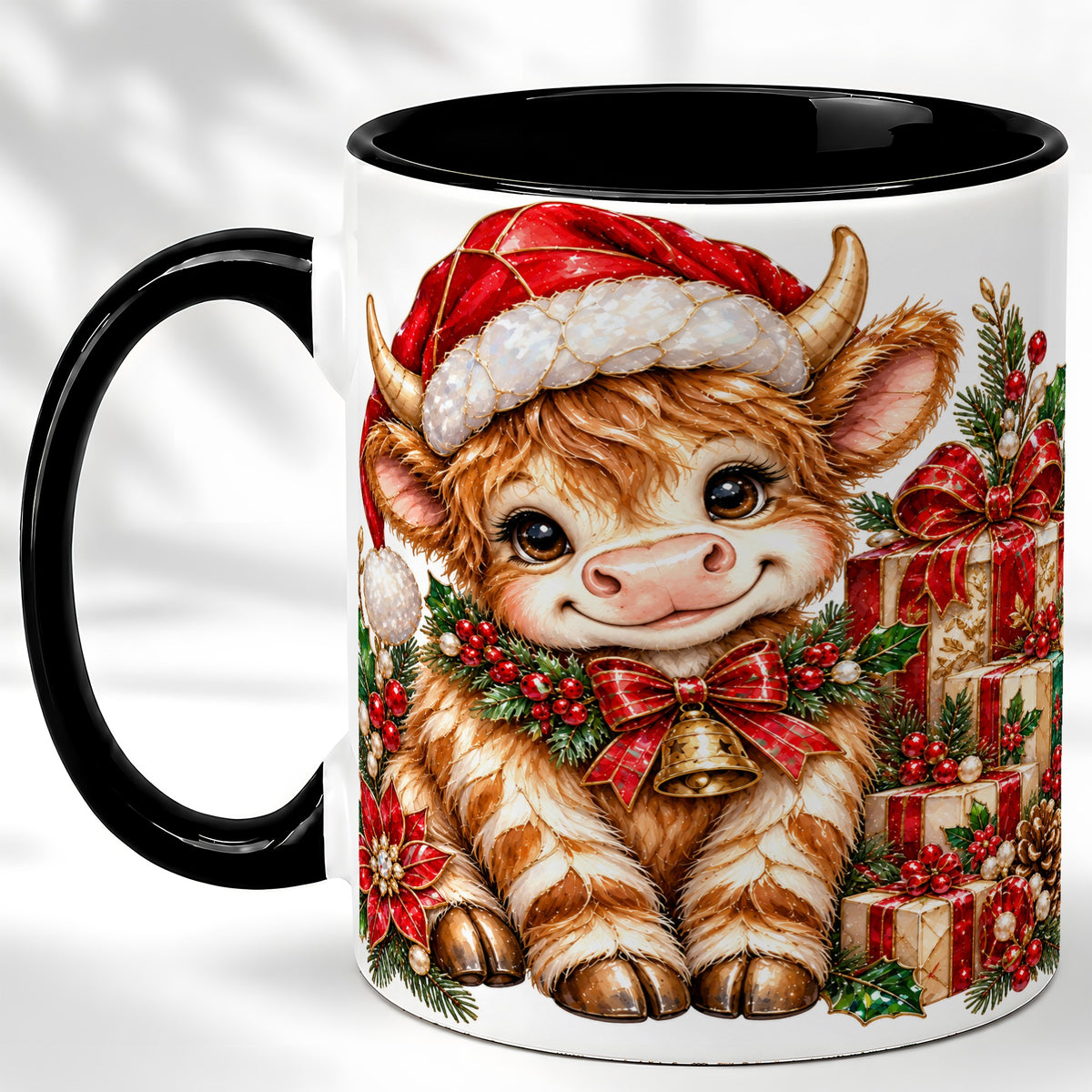 #pl[11oz|Black] Christmas Highland Cow Coffee Mug, Holly Cow Mug, Ceramic Cup