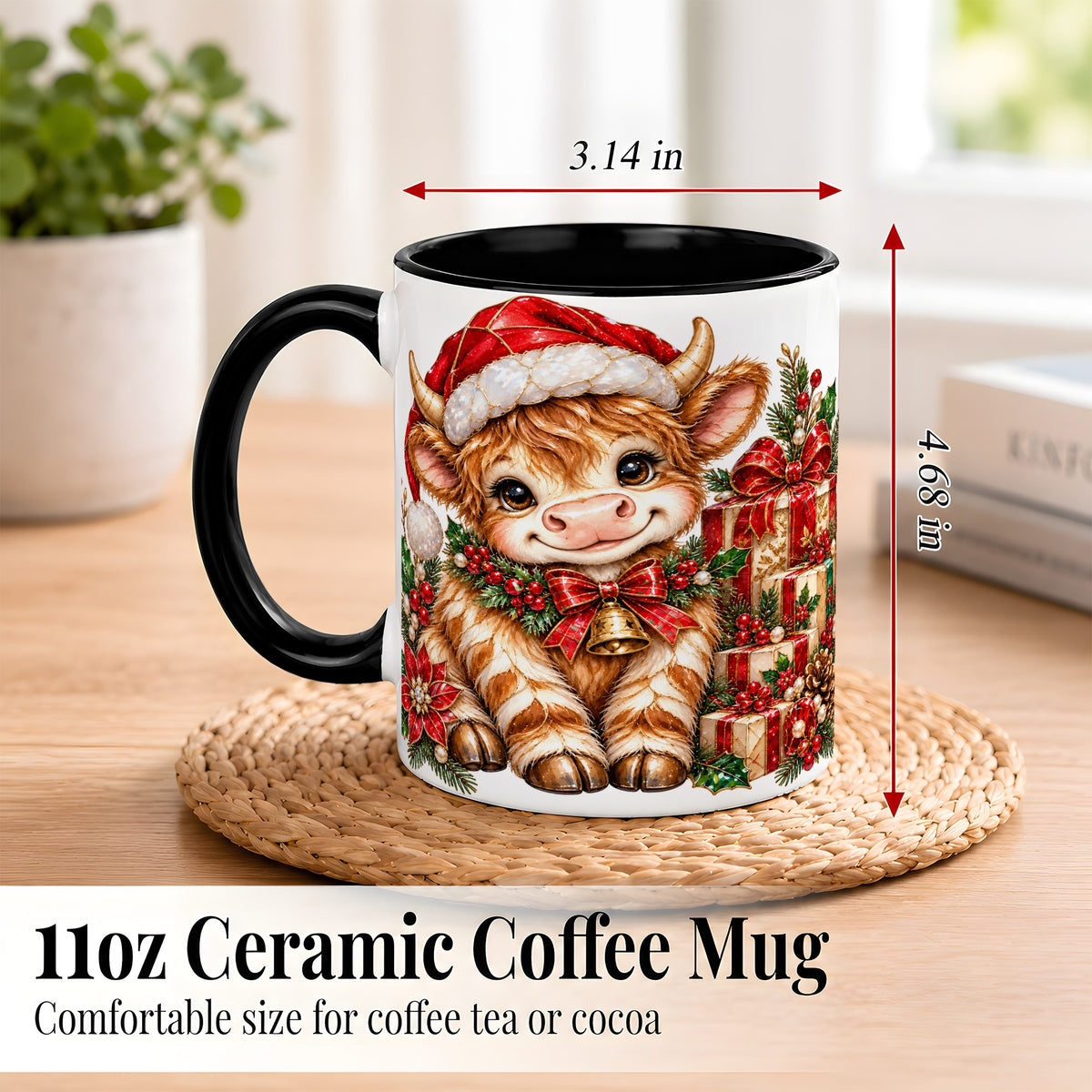 #pl[11oz|Black] Christmas Highland Cow Coffee Mug, Holly Cow Mug, Ceramic Cup