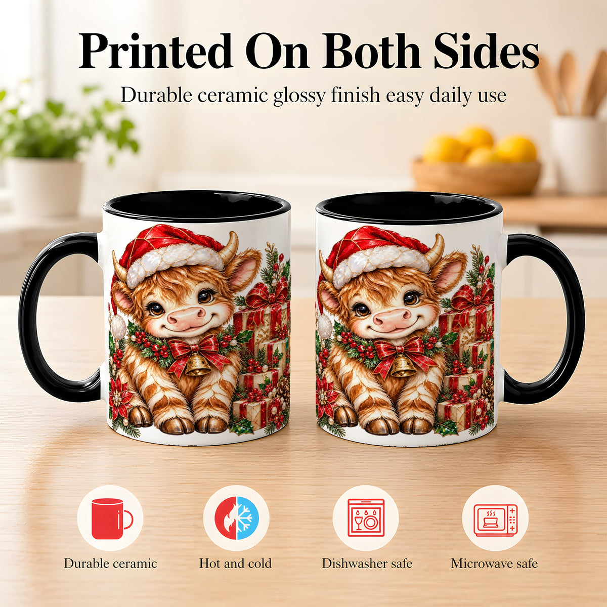 #pl[11oz|Black] Christmas Highland Cow Coffee Mug, Holly Cow Mug, Ceramic Cup