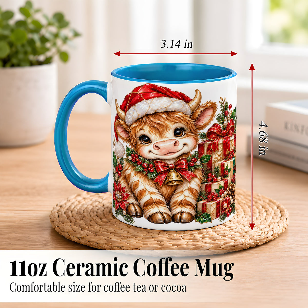 #pl[11oz|Blue] Christmas Highland Cow Coffee Mug, Holly Cow Mug, Ceramic Cup
