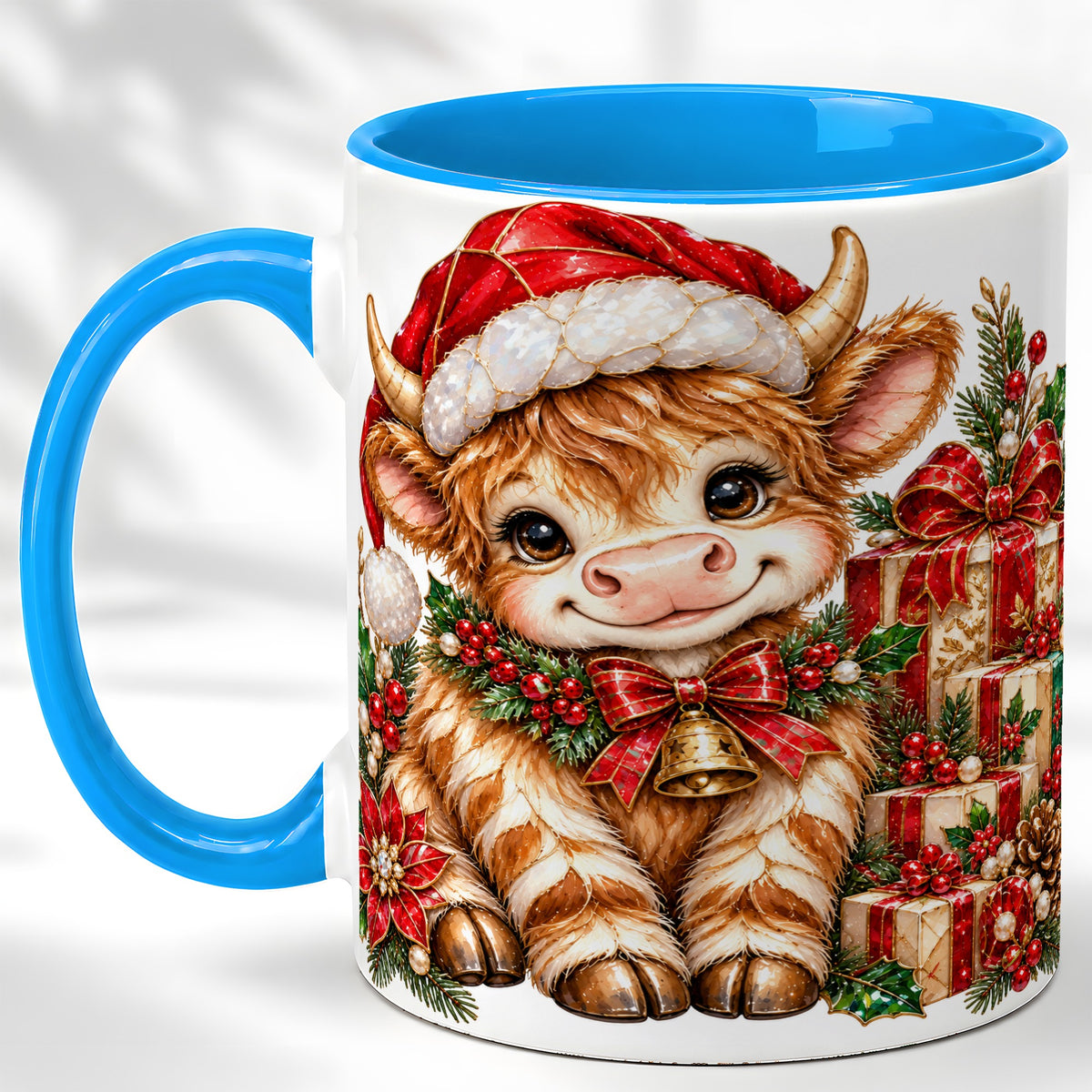 #pl[11oz|Blue] Christmas Highland Cow Coffee Mug, Holly Cow Mug, Ceramic Cup
