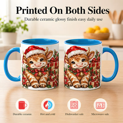 #pl[11oz|Blue] Christmas Highland Cow Coffee Mug, Holly Cow Mug, Ceramic Cup
