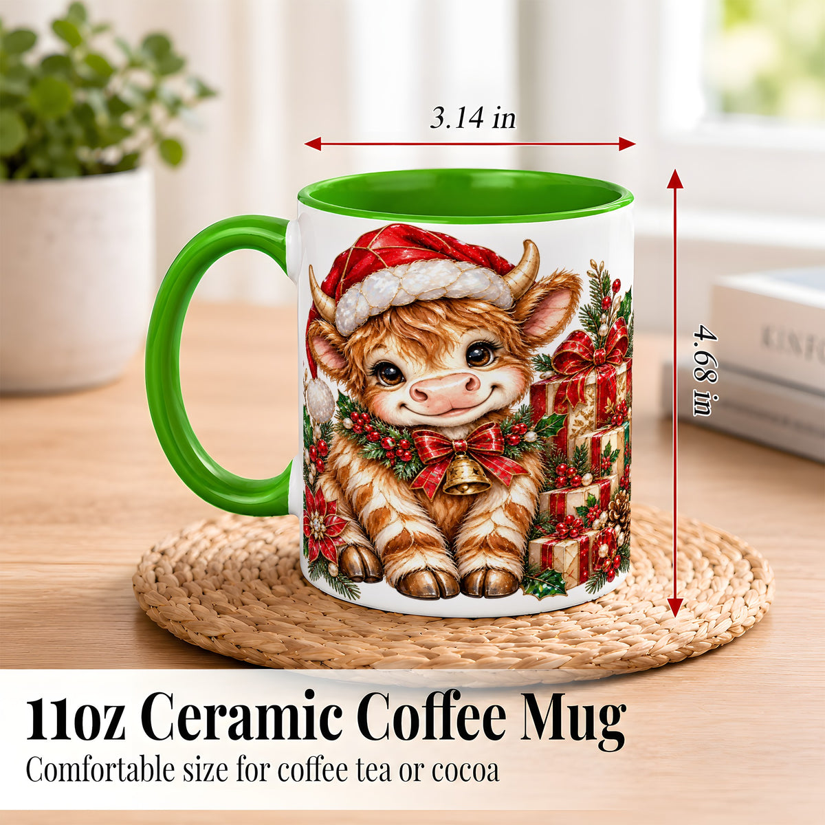 #pl[11oz|Green] Christmas Highland Cow Coffee Mug, Holly Cow Mug, Ceramic Cup
