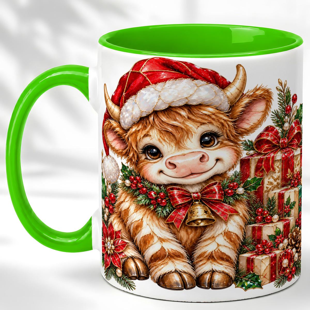 #pl[11oz|Green] Christmas Highland Cow Coffee Mug, Holly Cow Mug, Ceramic Cup