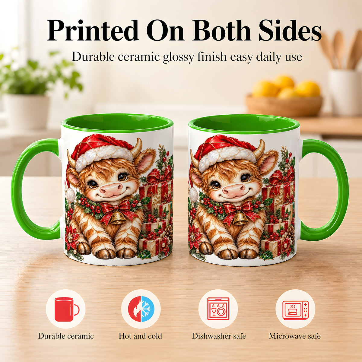 #pl[11oz|Green] Christmas Highland Cow Coffee Mug, Holly Cow Mug, Ceramic Cup