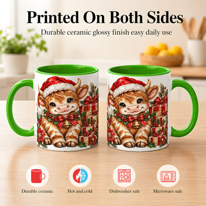 #pl[11oz|Green] Christmas Highland Cow Coffee Mug, Holly Cow Mug, Ceramic Cup