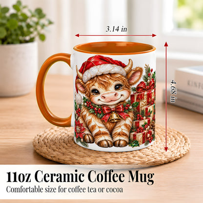#pl[11oz|Orange] Christmas Highland Cow Coffee Mug, Holly Cow Mug, Ceramic Cup