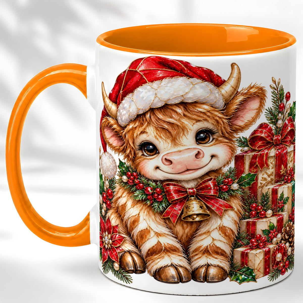 #pl[11oz|Orange] Christmas Highland Cow Coffee Mug, Holly Cow Mug, Ceramic Cup
