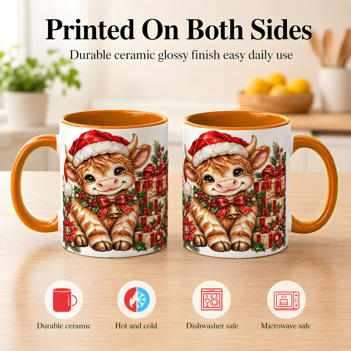 #pl[11oz|Orange] Christmas Highland Cow Coffee Mug, Holly Cow Mug, Ceramic Cup