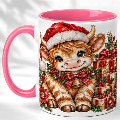 #pl[11oz|Pink] Christmas Highland Cow Coffee Mug, Holly Cow Mug, Ceramic Cup