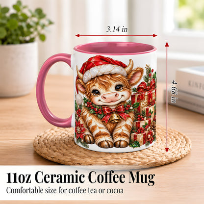 #pl[11oz|Pink] Christmas Highland Cow Coffee Mug, Holly Cow Mug, Ceramic Cup