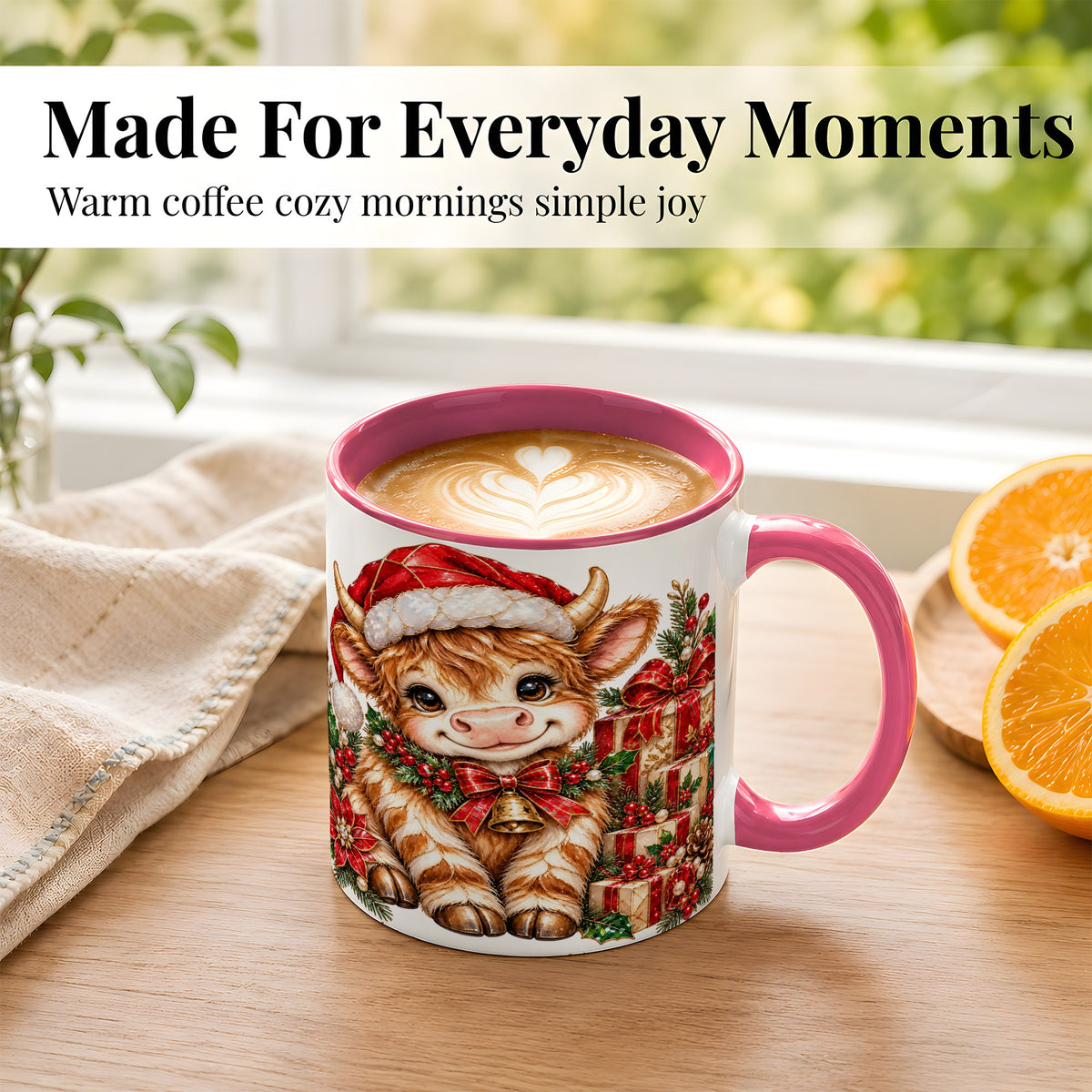 #pl[11oz|Pink] Christmas Highland Cow Coffee Mug, Holly Cow Mug, Ceramic Cup