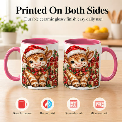 #pl[11oz|Pink] Christmas Highland Cow Coffee Mug, Holly Cow Mug, Ceramic Cup