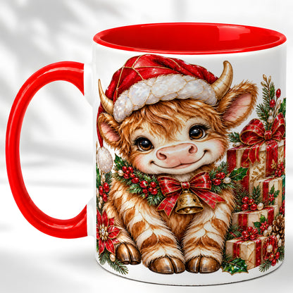 #pl[11oz|Red] Christmas Highland Cow Coffee Mug, Holly Cow Mug, Ceramic Cup