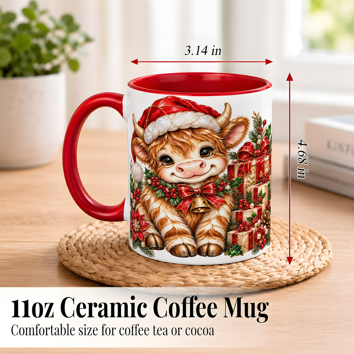 #pl[11oz|Red] Christmas Highland Cow Coffee Mug, Holly Cow Mug, Ceramic Cup
