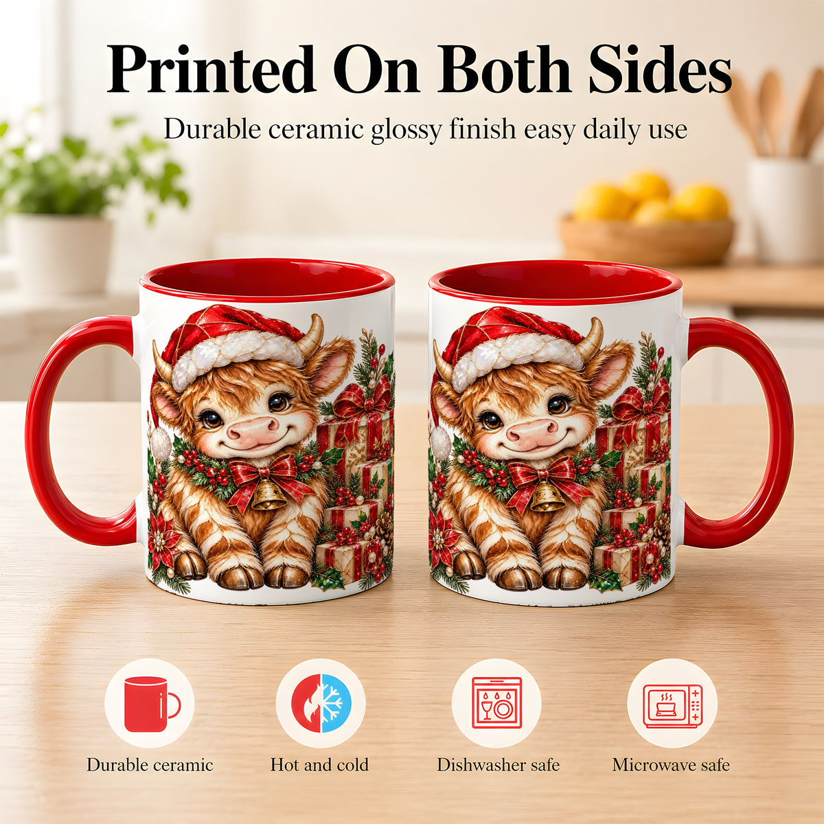 #pl[11oz|Red] Christmas Highland Cow Coffee Mug, Holly Cow Mug, Ceramic Cup