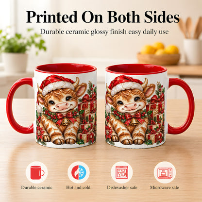#pl[11oz|Red] Christmas Highland Cow Coffee Mug, Holly Cow Mug, Ceramic Cup