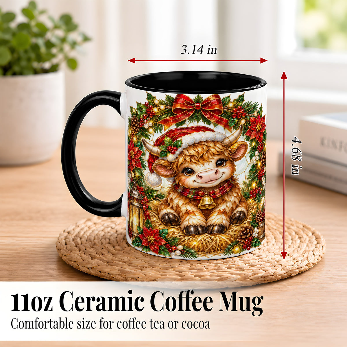 #pl[11oz|Black] Christmas Highland Cow Coffee Mug, Wreath Cow Mug, Ceramic Cup