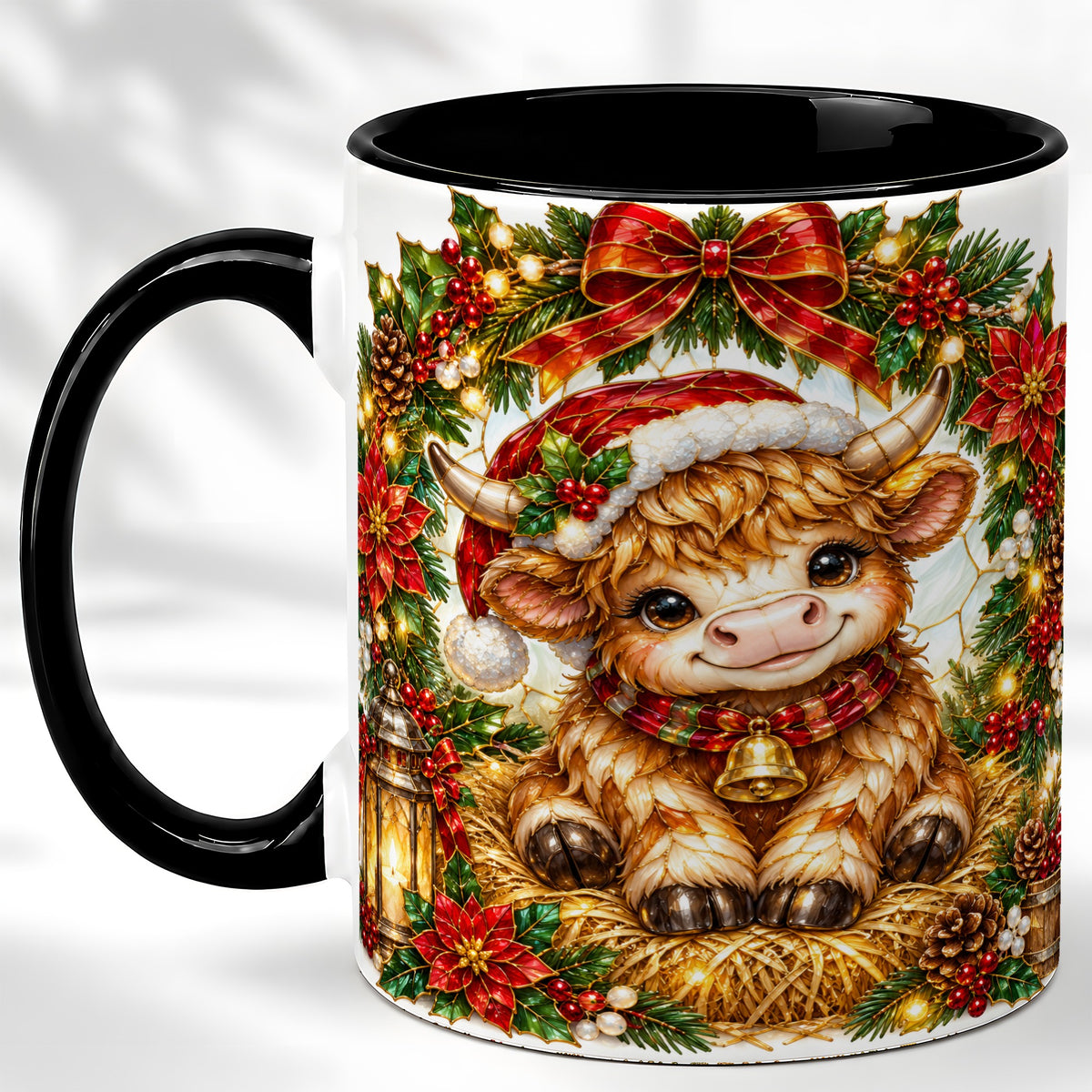 #pl[11oz|Black] Christmas Highland Cow Coffee Mug, Wreath Cow Mug, Ceramic Cup