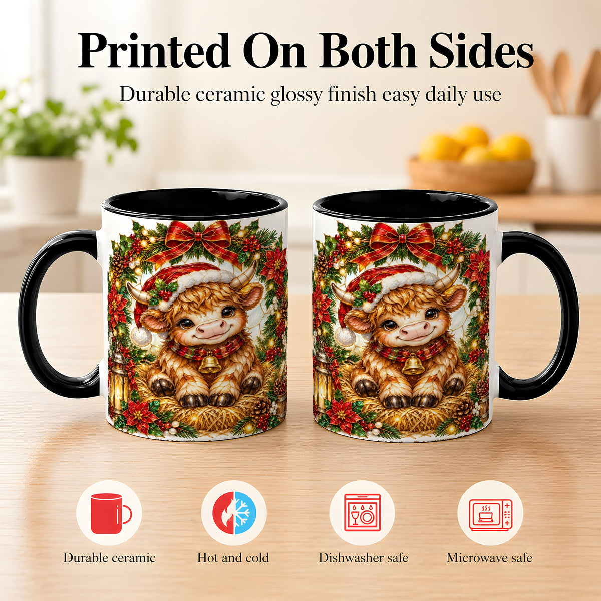 #pl[11oz|Black] Christmas Highland Cow Coffee Mug, Wreath Cow Mug, Ceramic Cup