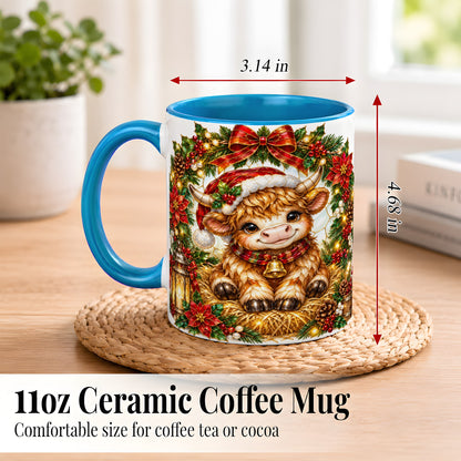 #pl[11oz|Blue] Christmas Highland Cow Coffee Mug, Wreath Cow Mug, Ceramic Cup