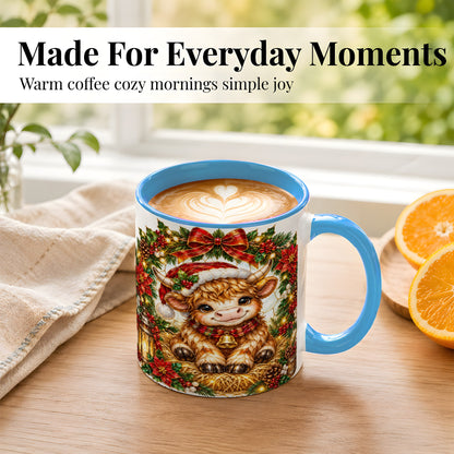 #pl[11oz|Blue] Christmas Highland Cow Coffee Mug, Wreath Cow Mug, Ceramic Cup