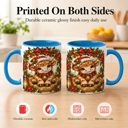 #pl[11oz|Blue] Christmas Highland Cow Coffee Mug, Wreath Cow Mug, Ceramic Cup