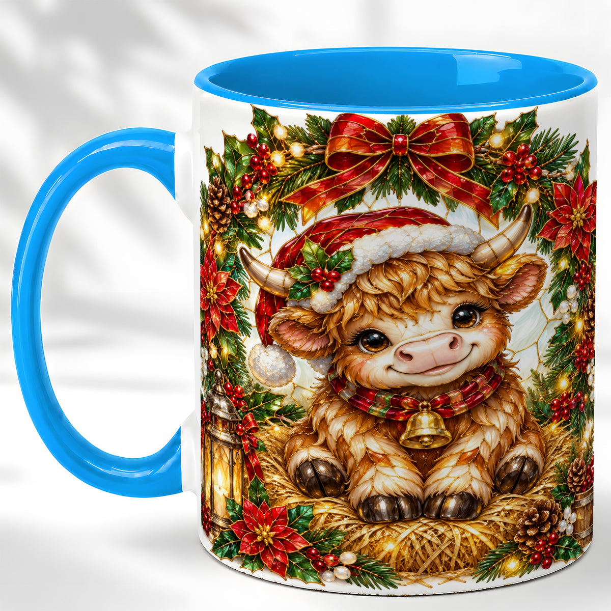 #pl[11oz|Blue] Christmas Highland Cow Coffee Mug, Wreath Cow Mug, Ceramic Cup