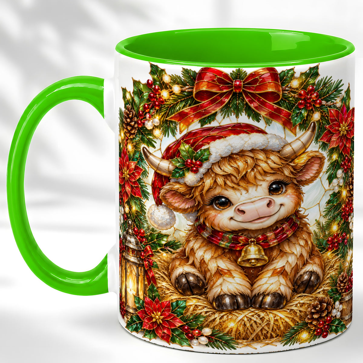 #pl[11oz|Green] Christmas Highland Cow Coffee Mug, Wreath Cow Mug, Ceramic Cup
