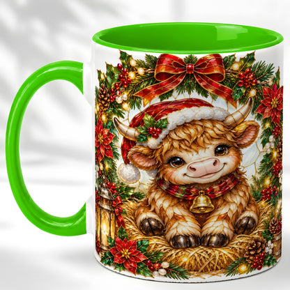 #pl[11oz|Green] Christmas Highland Cow Coffee Mug, Wreath Cow Mug, Ceramic Cup