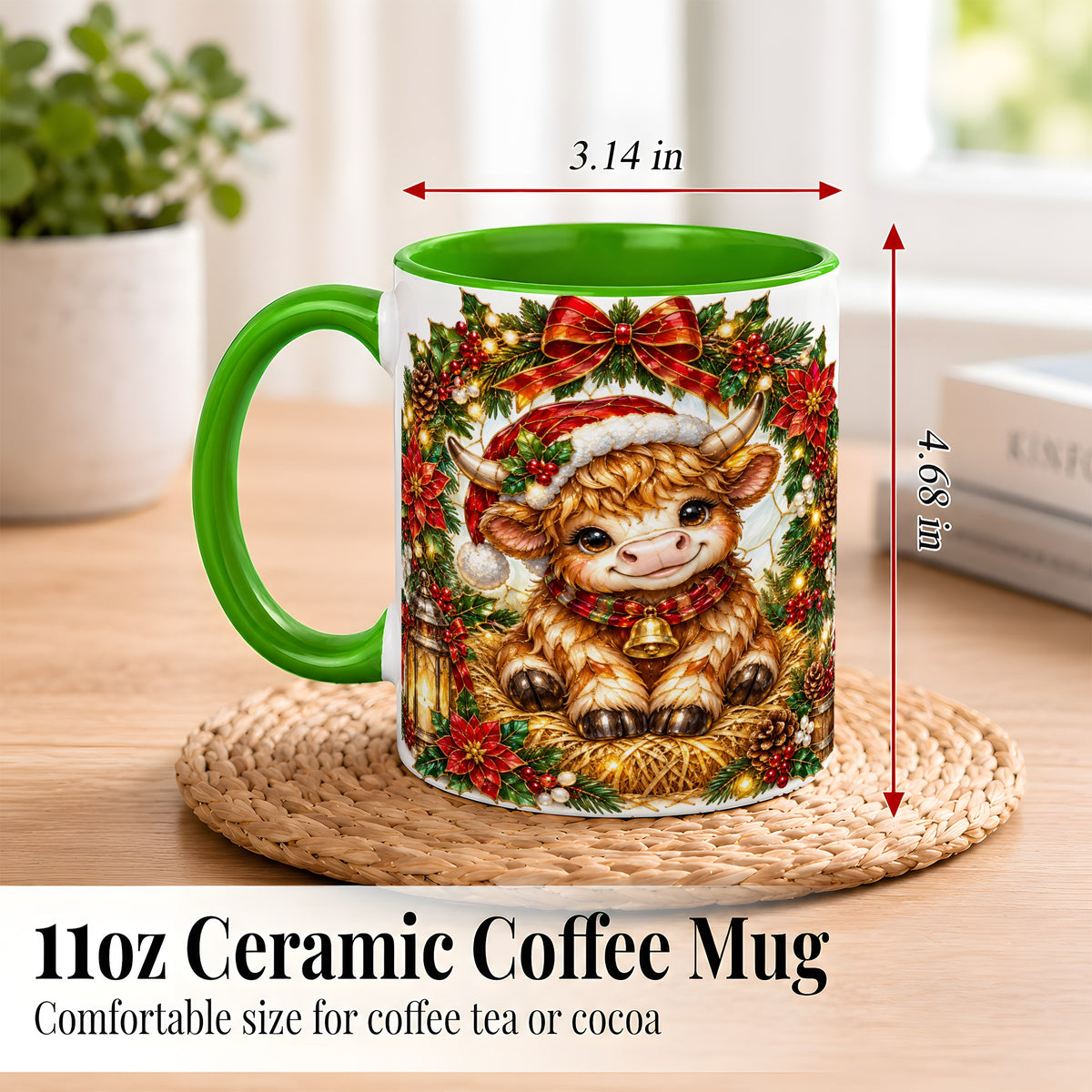 #pl[11oz|Green] Christmas Highland Cow Coffee Mug, Wreath Cow Mug, Ceramic Cup