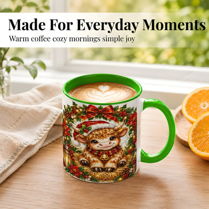 #pl[11oz|Green] Christmas Highland Cow Coffee Mug, Wreath Cow Mug, Ceramic Cup