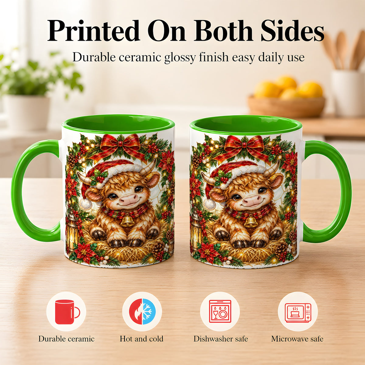 #pl[11oz|Green] Christmas Highland Cow Coffee Mug, Wreath Cow Mug, Ceramic Cup