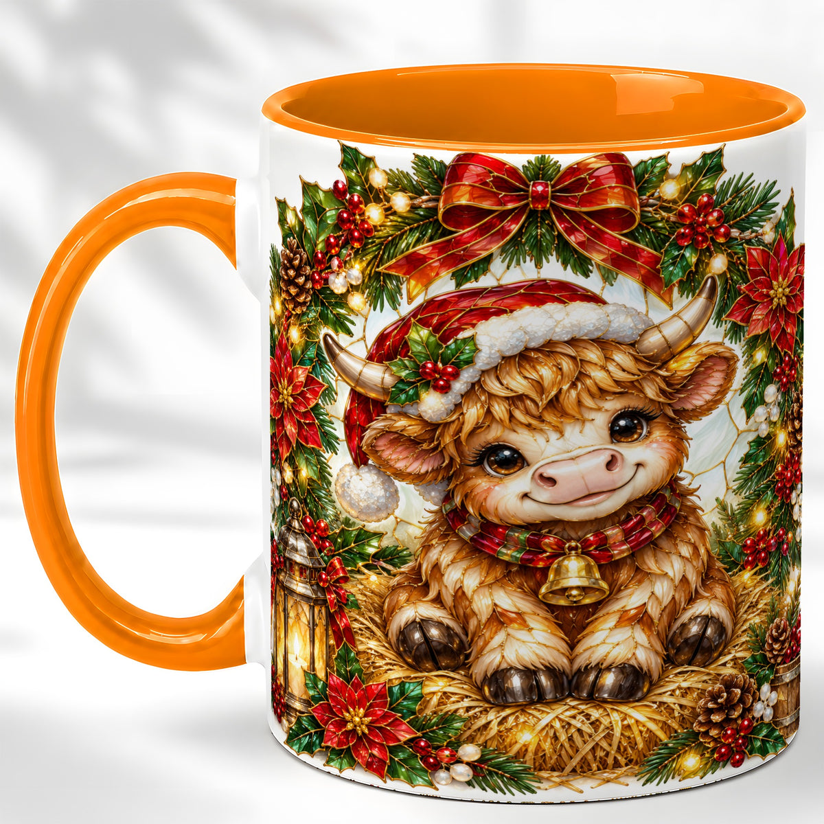 #pl[11oz|Orange] Christmas Highland Cow Coffee Mug, Wreath Cow Mug, Ceramic Cup