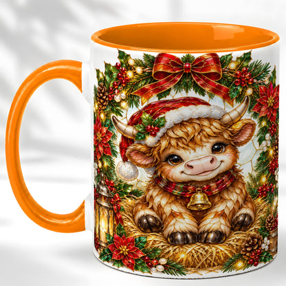 #pl[11oz|Orange] Christmas Highland Cow Coffee Mug, Wreath Cow Mug, Ceramic Cup