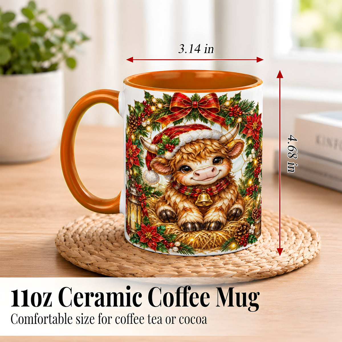 #pl[11oz|Orange] Christmas Highland Cow Coffee Mug, Wreath Cow Mug, Ceramic Cup