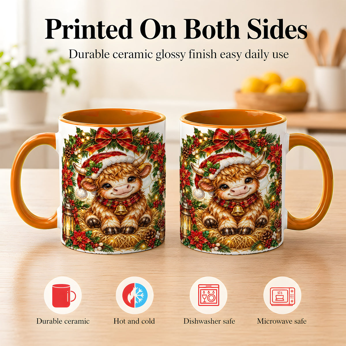 #pl[11oz|Orange] Christmas Highland Cow Coffee Mug, Wreath Cow Mug, Ceramic Cup