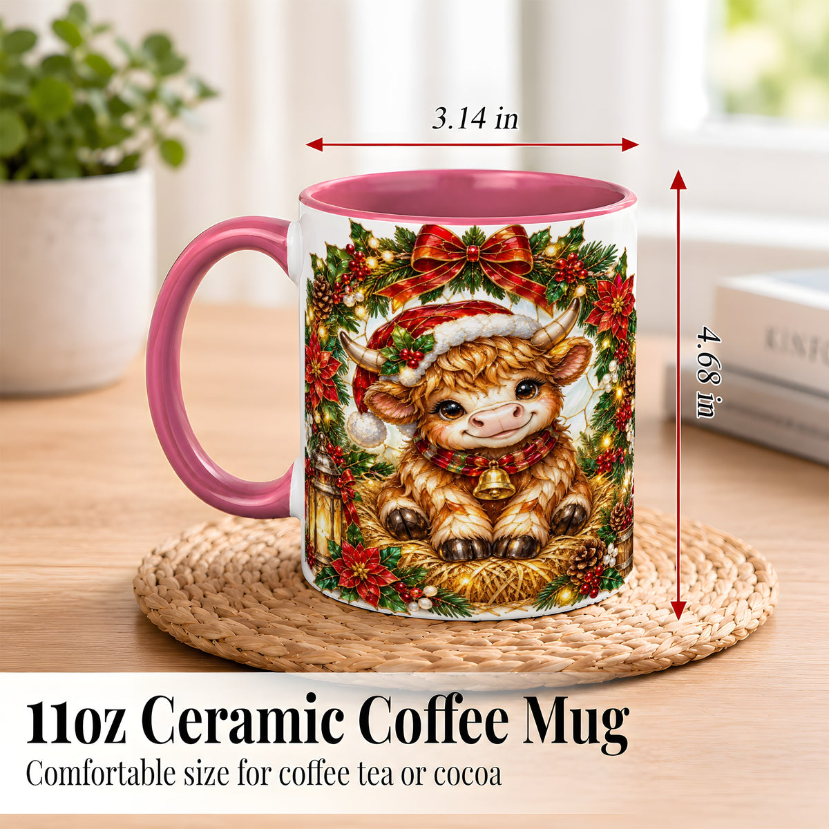 #pl[11oz|Pink] Christmas Highland Cow Coffee Mug, Wreath Cow Mug, Ceramic Cup