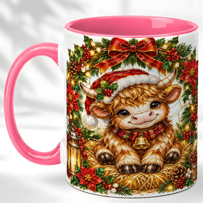 #pl[11oz|Pink] Christmas Highland Cow Coffee Mug, Wreath Cow Mug, Ceramic Cup