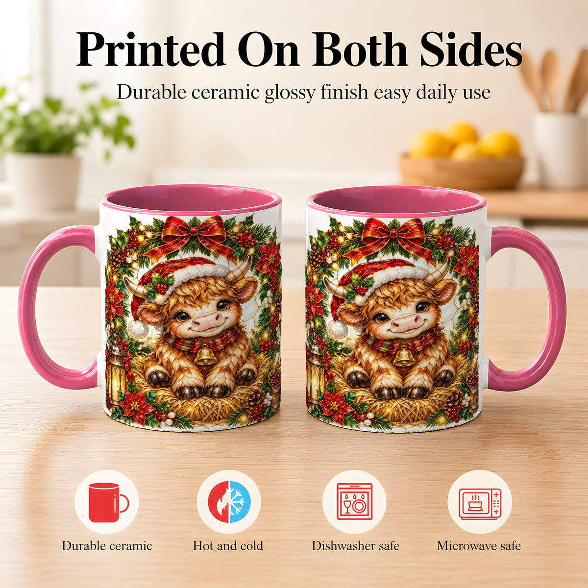 #pl[11oz|Pink] Christmas Highland Cow Coffee Mug, Wreath Cow Mug, Ceramic Cup