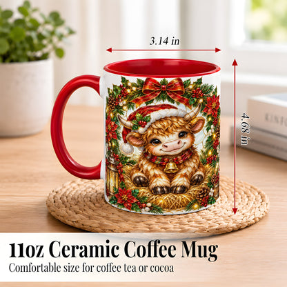 #pl[11oz|Red] Christmas Highland Cow Coffee Mug, Wreath Cow Mug, Ceramic Cup
