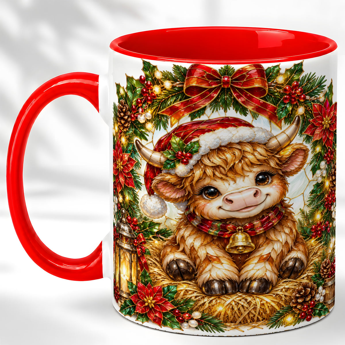 #pl[11oz|Red] Christmas Highland Cow Coffee Mug, Wreath Cow Mug, Ceramic Cup