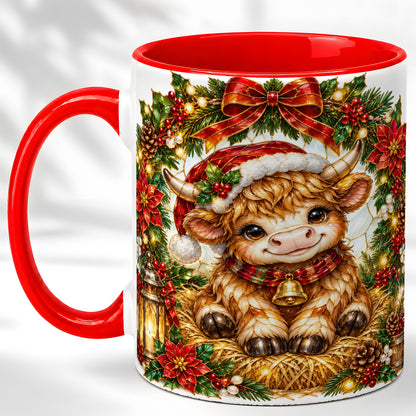 #pl[11oz|Red] Christmas Highland Cow Coffee Mug, Wreath Cow Mug, Ceramic Cup