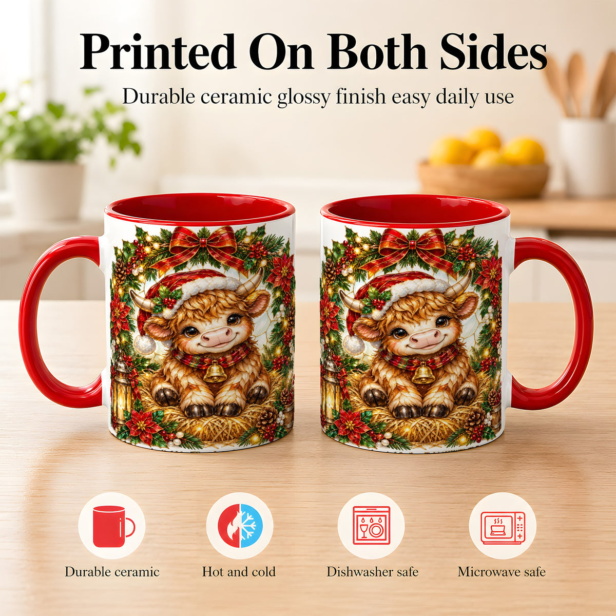 #pl[11oz|Red] Christmas Highland Cow Coffee Mug, Wreath Cow Mug, Ceramic Cup