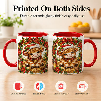 #pl[11oz|Red] Christmas Highland Cow Coffee Mug, Wreath Cow Mug, Ceramic Cup