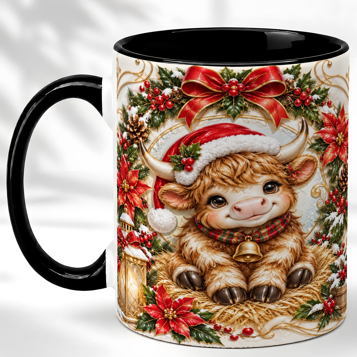 #pl[11oz|Black] Christmas Highland Cow Coffee Mug, Poinsettia Cow Mug, Ceramic Cup